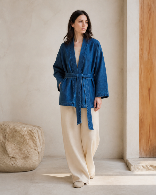 Indigo Denim Kendo Robe - Front View - Belted