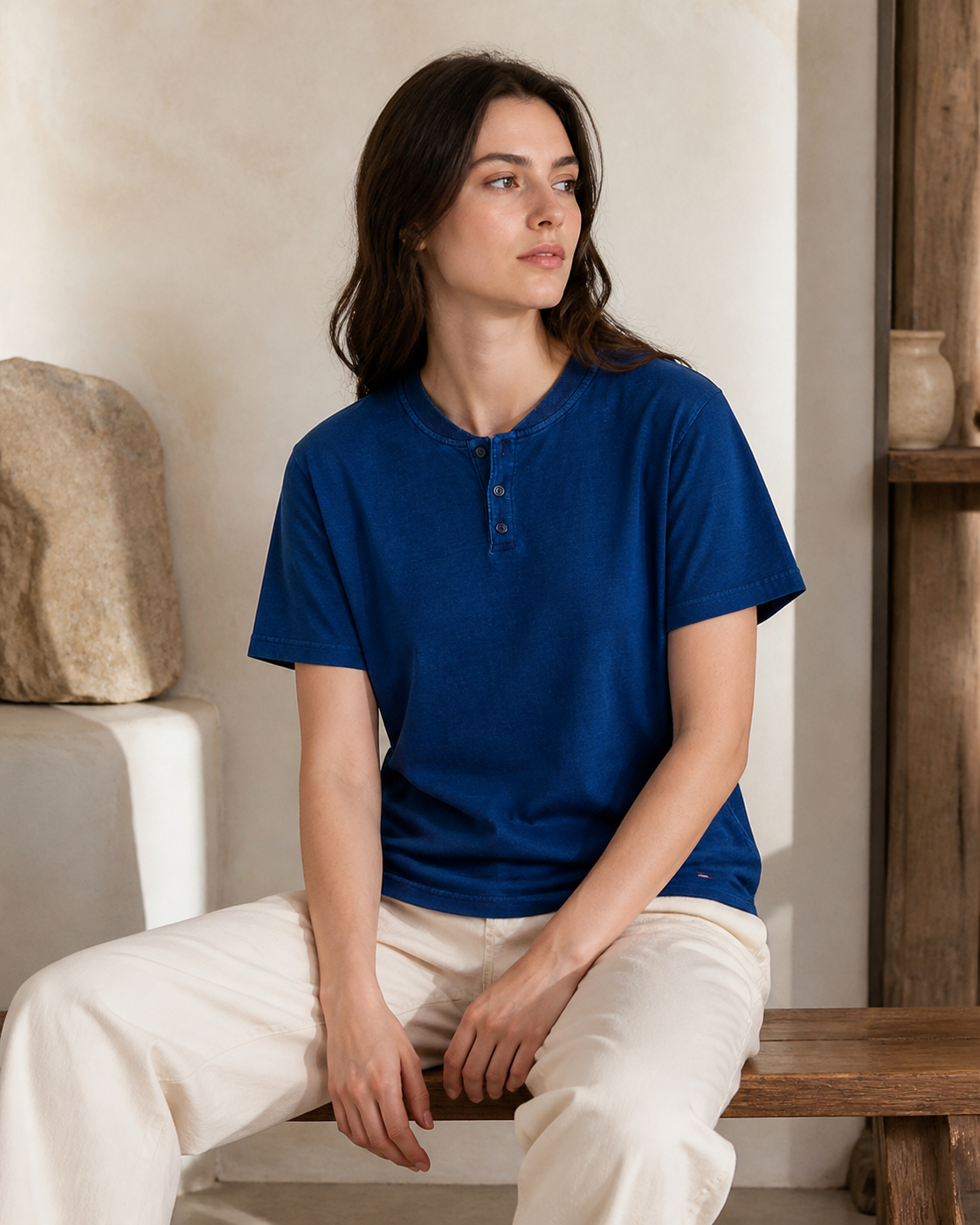 Indigo Henley Tee - Lifestyle Seated