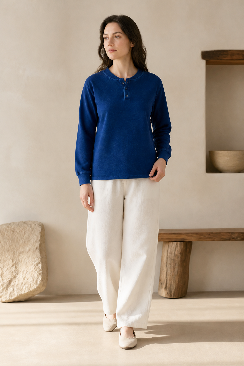 Indigo Henley Long Sleeve - Front View