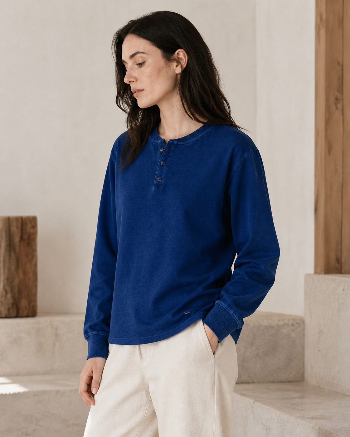 Indigo Henley Long Sleeve - Side View