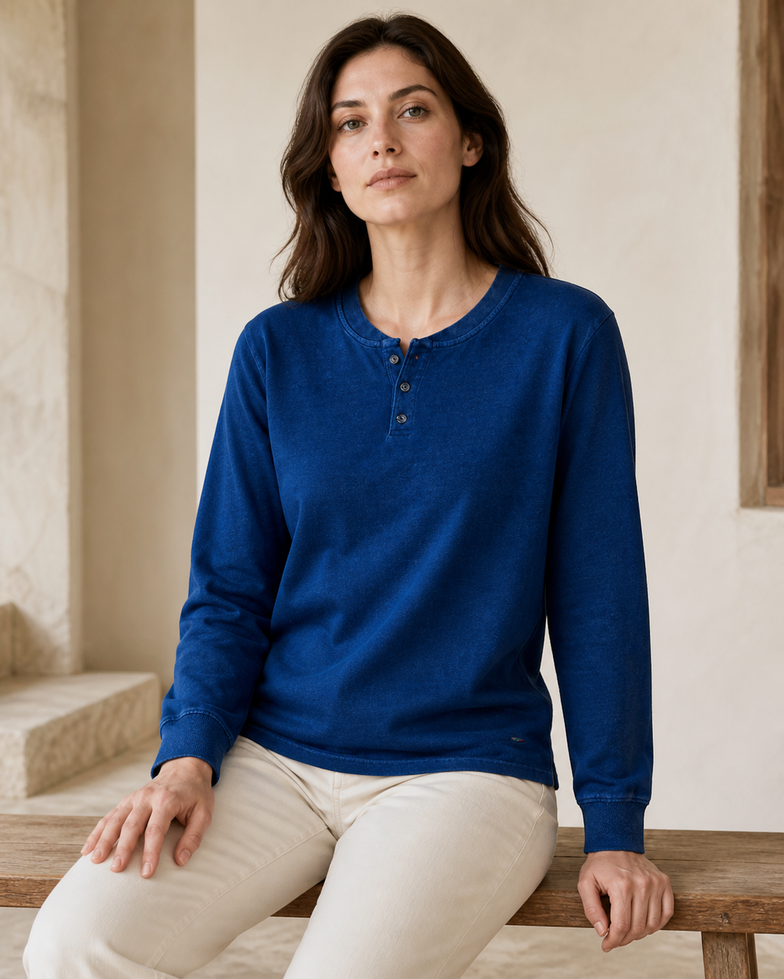 Indigo Henley Long Sleeve - Lifestyle Seated