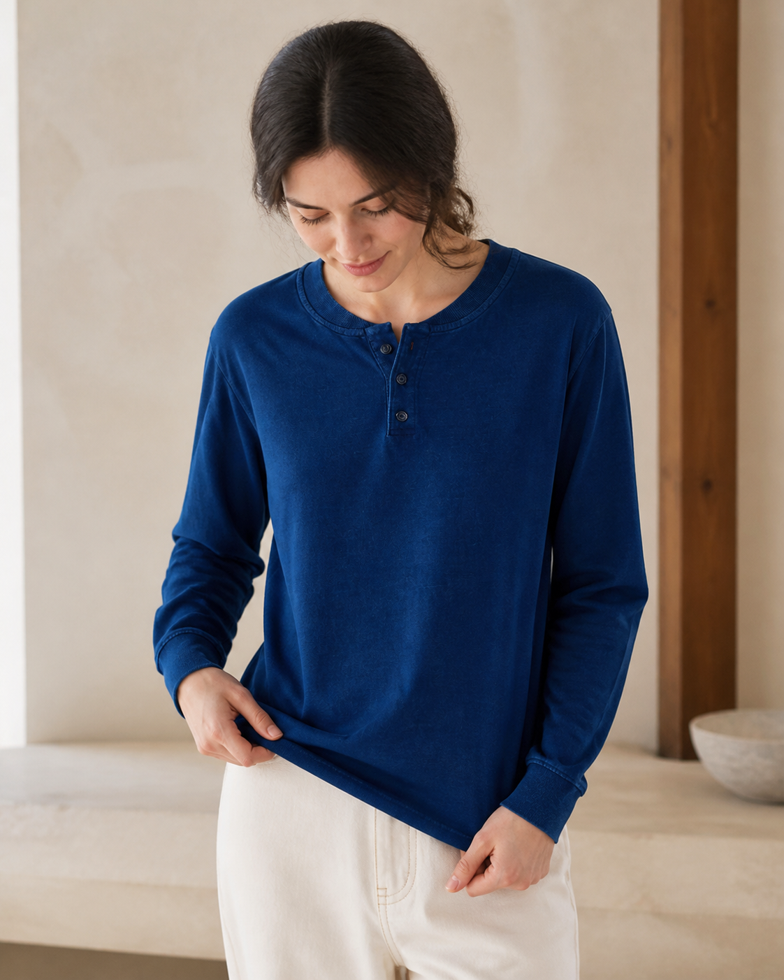 Indigo Henley Long Sleeve - Lifestyle Detail