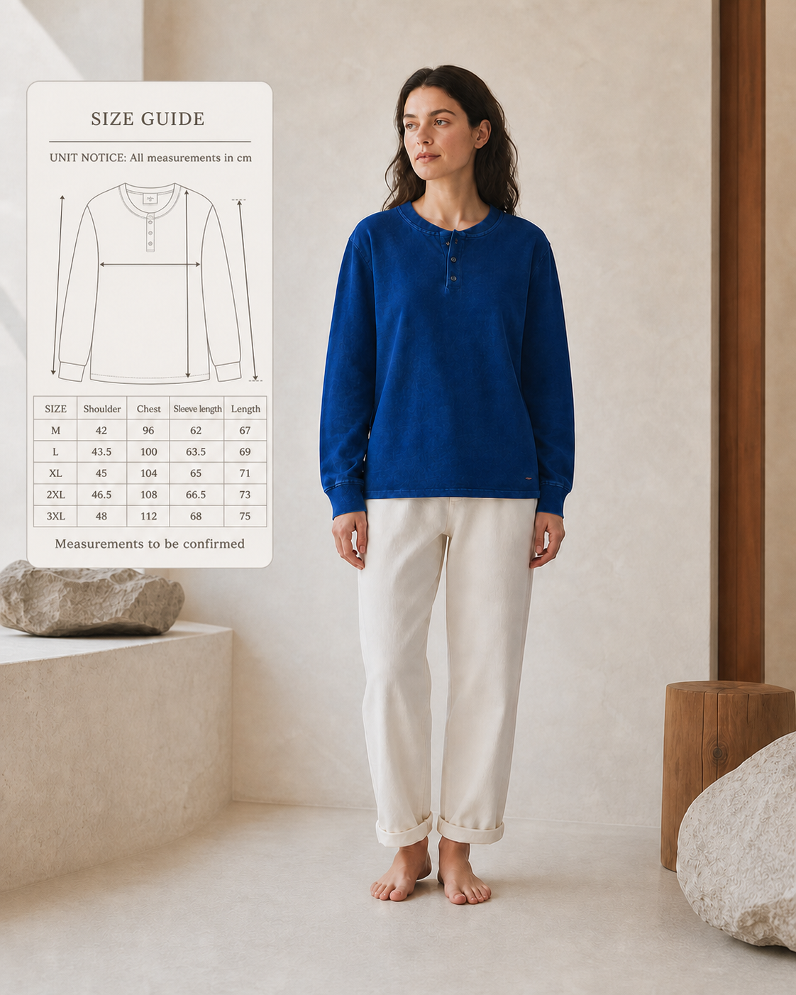 Indigo Henley Long Sleeve - Size Guide