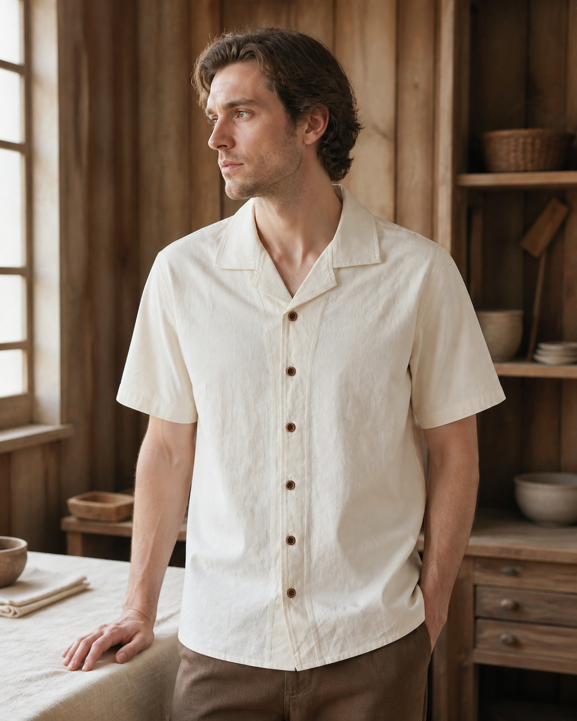 Cuban Collar Shirt Mustard - Side