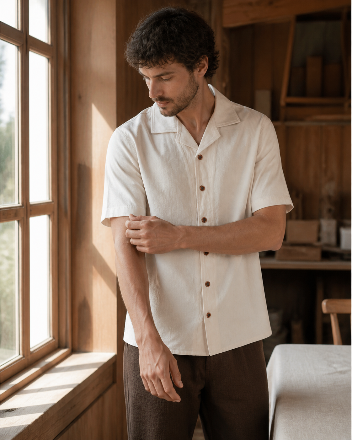 Cuban Collar Shirt Mustard - Lifestyle Window