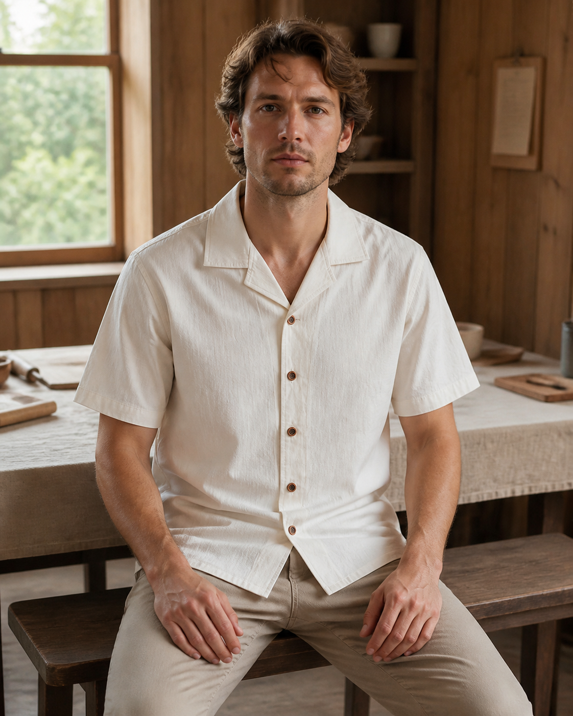 Cuban Collar Shirt Mustard - Lifestyle Seated
