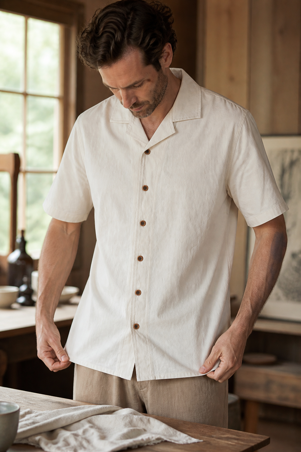 Cuban Collar Shirt Mustard - Lifestyle Detail