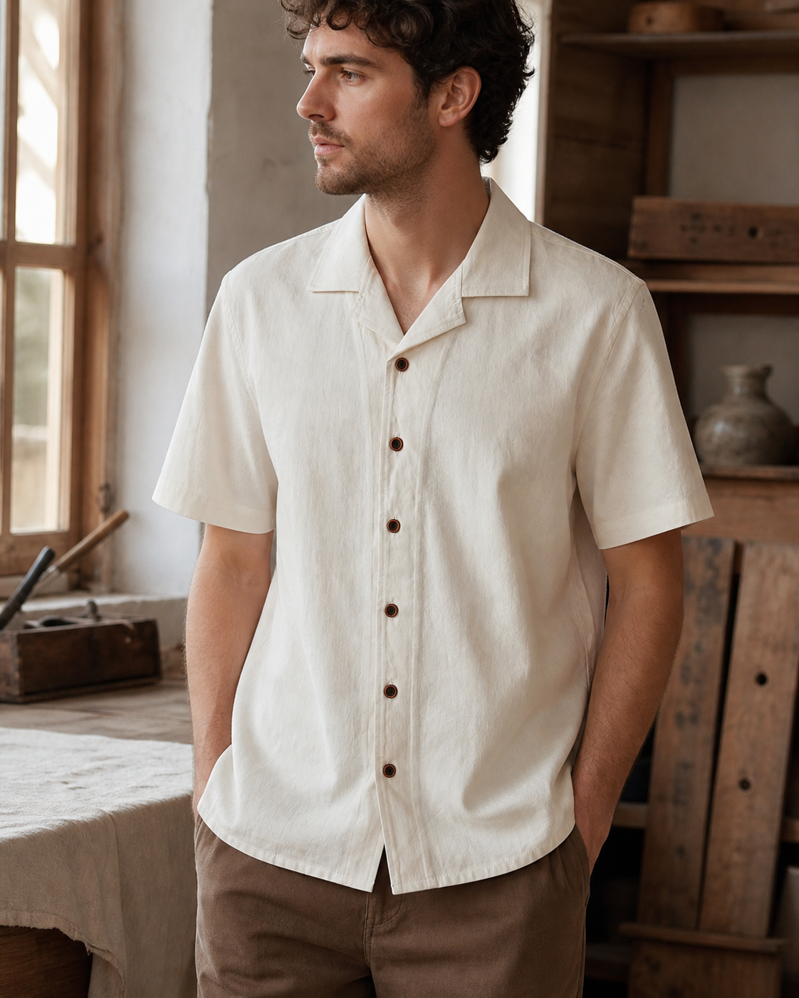 Cuban Collar Shirt Mustard - Construction Detail