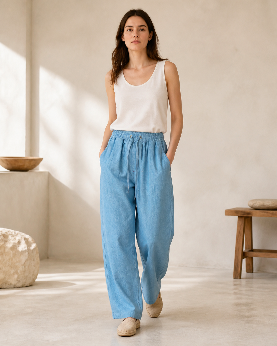 Indigo Wide-Leg Trousers - Front View - Seated on Bench