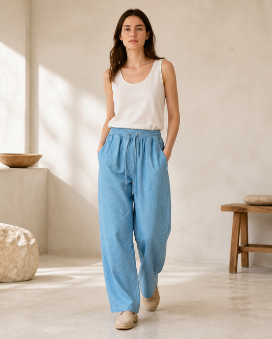 Indigo Wide-Leg Trousers - Front View - Seated on Bench