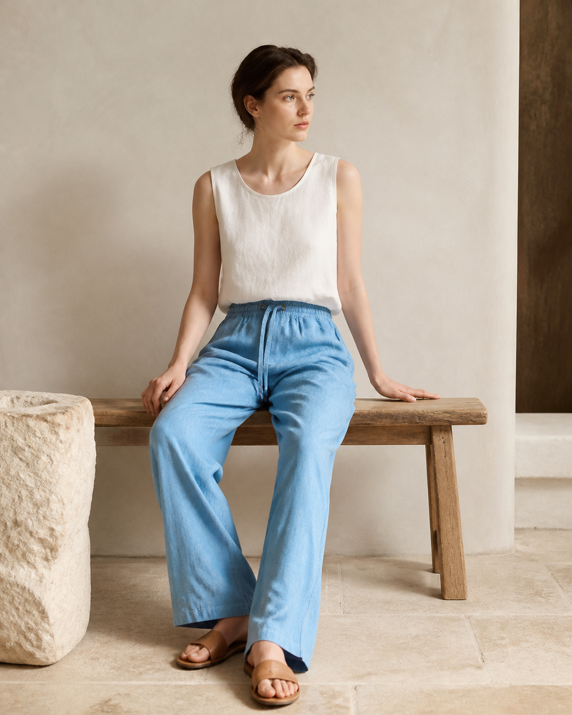 Indigo Wide-Leg Trousers - Lifestyle Kneeling Detail