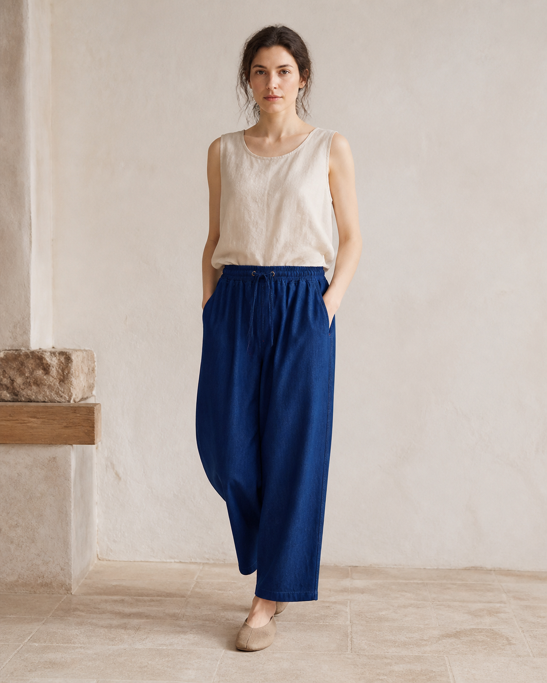 Indigo Wide-Leg Trousers - Color 02 Front View