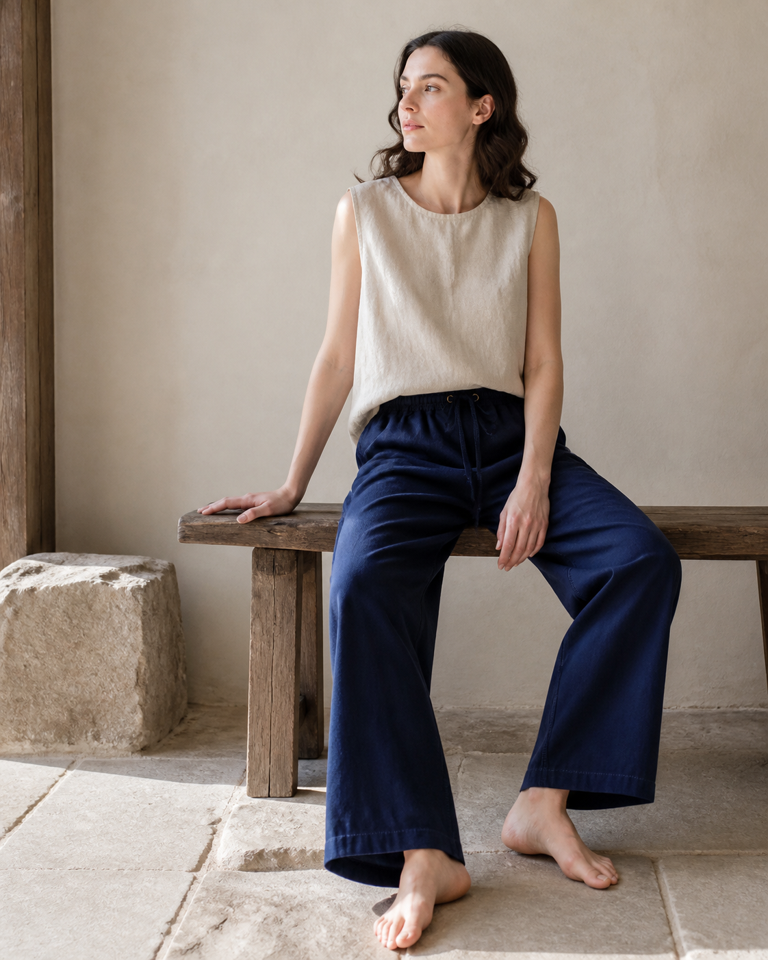 Indigo Wide-Leg Trousers - Color 03 Lifestyle Seated
