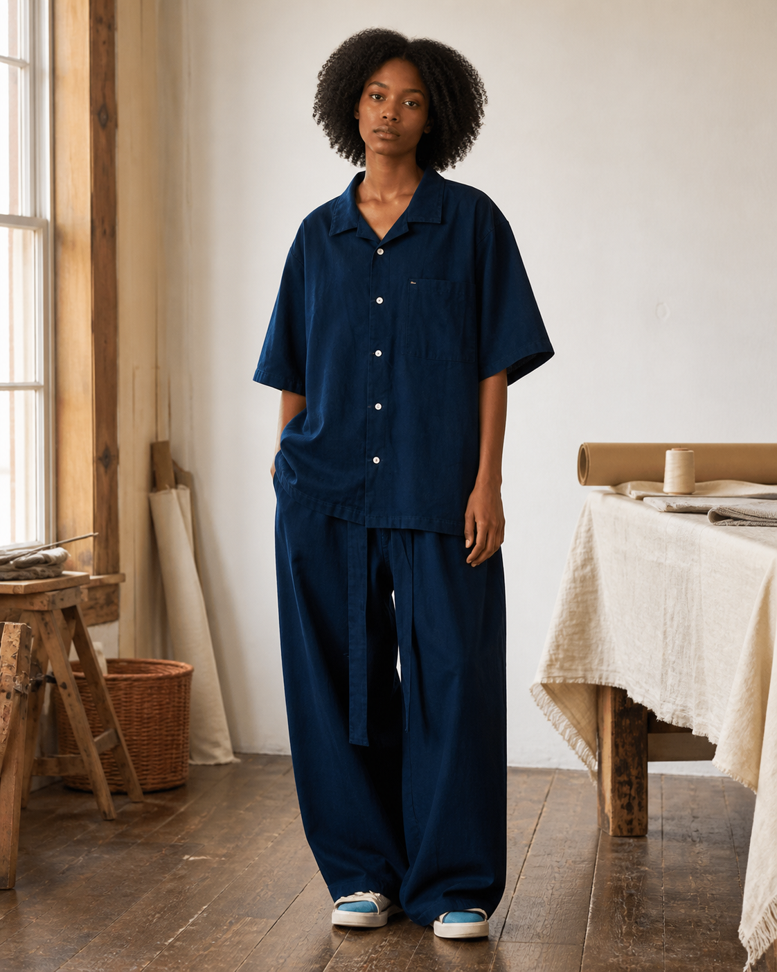 Indigo Cuban Collar Shirt - Front View Seated