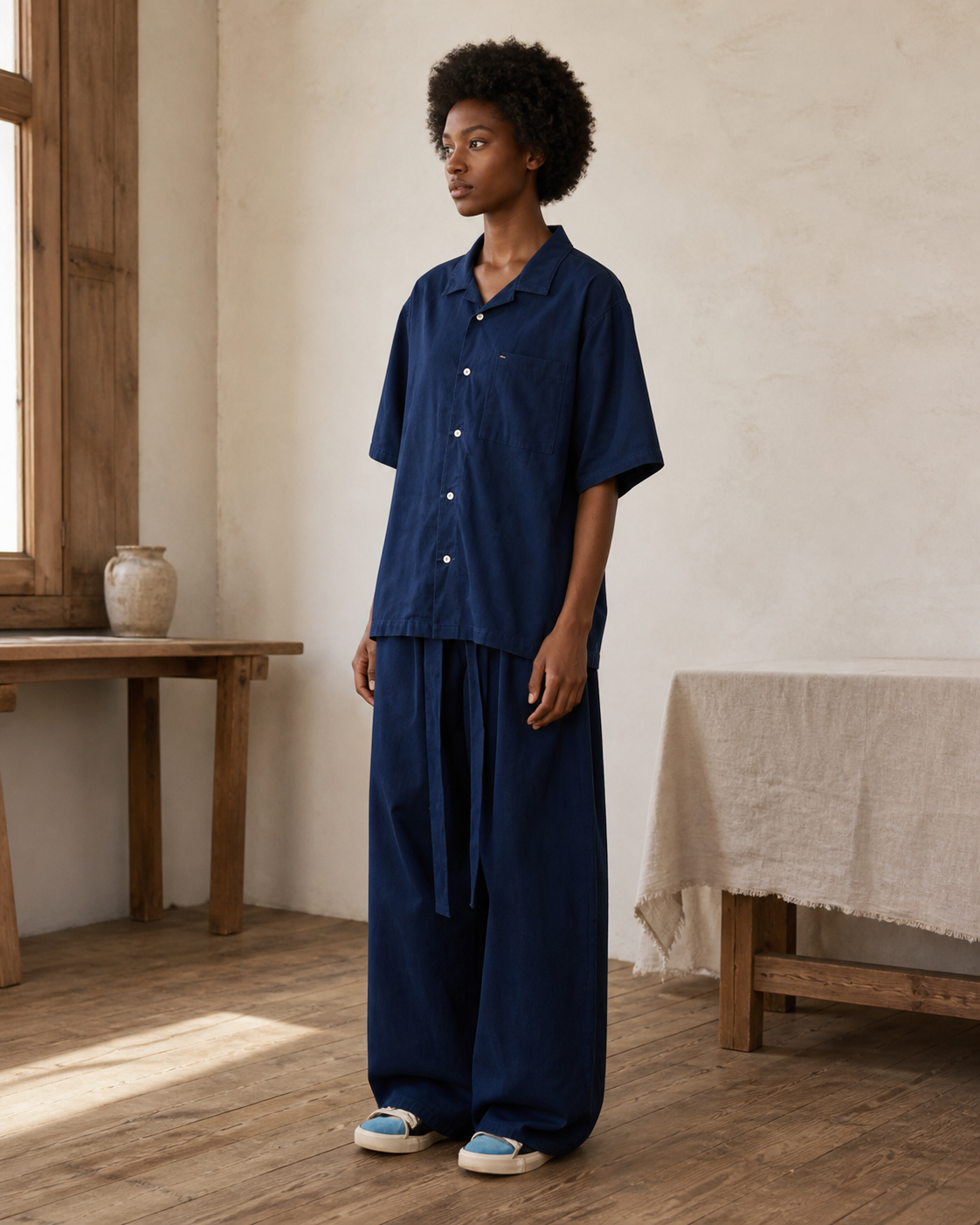Indigo Cuban Collar Shirt - Side View Standing
