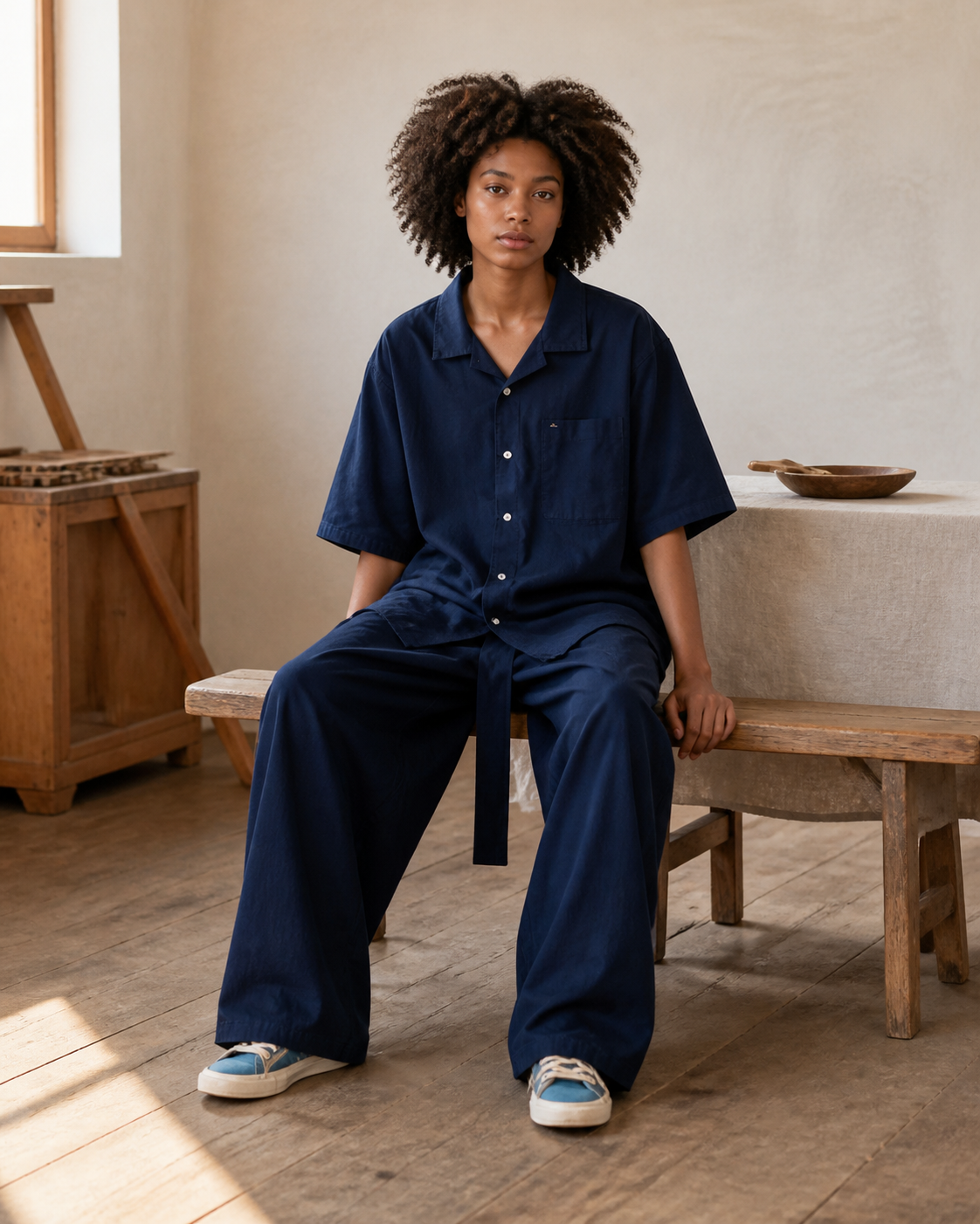 Indigo Cuban Collar Shirt - Lifestyle Seated
