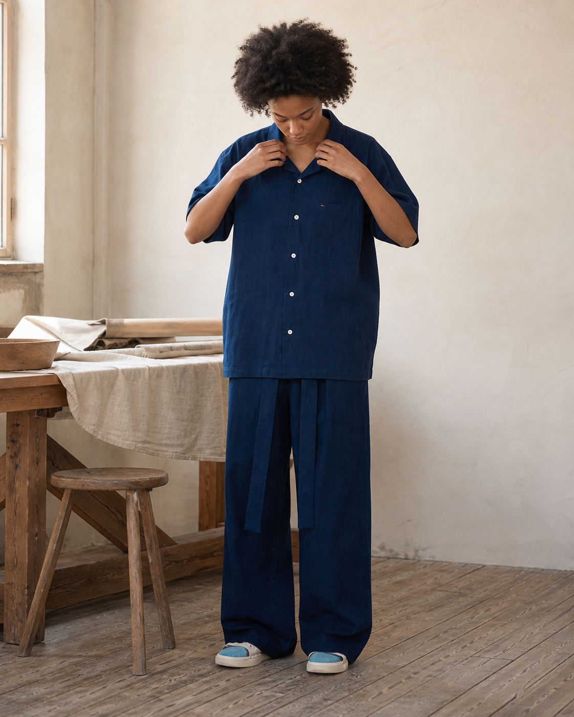 Indigo Cuban Collar Shirt - Lifestyle Detail