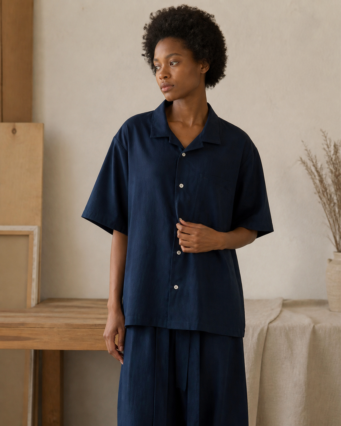 Indigo Cuban Collar Shirt - Construction Detail