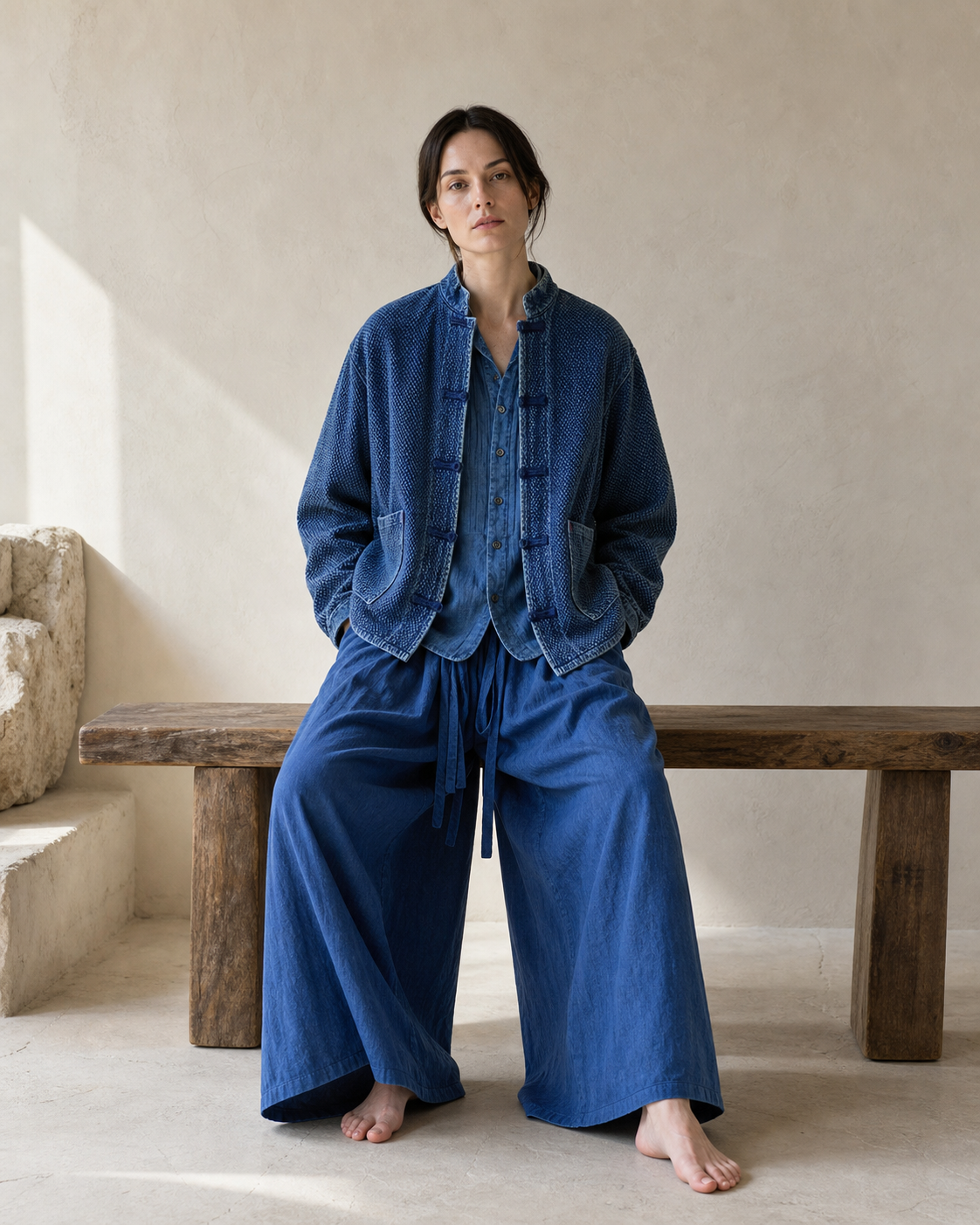 Indigo Frog-Button Jacket - Lifestyle Seated