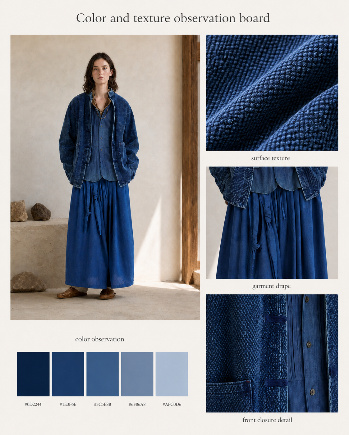 Indigo Frog-Button Jacket - Color & Technique Board