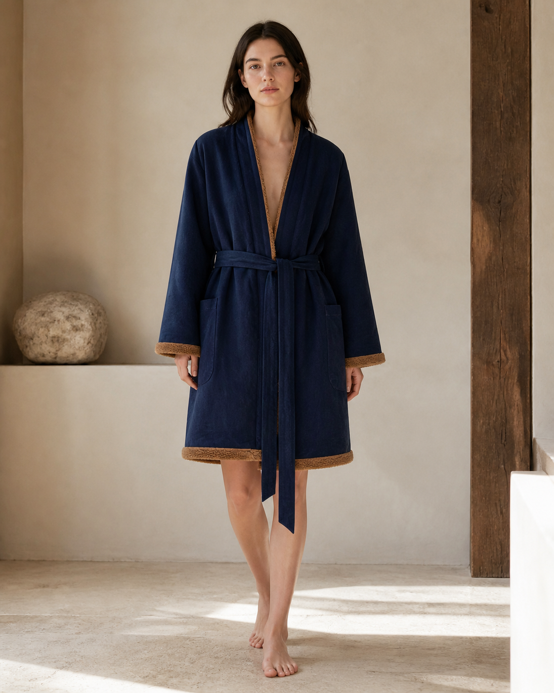 Navy Robe Coat - Front View Seated
