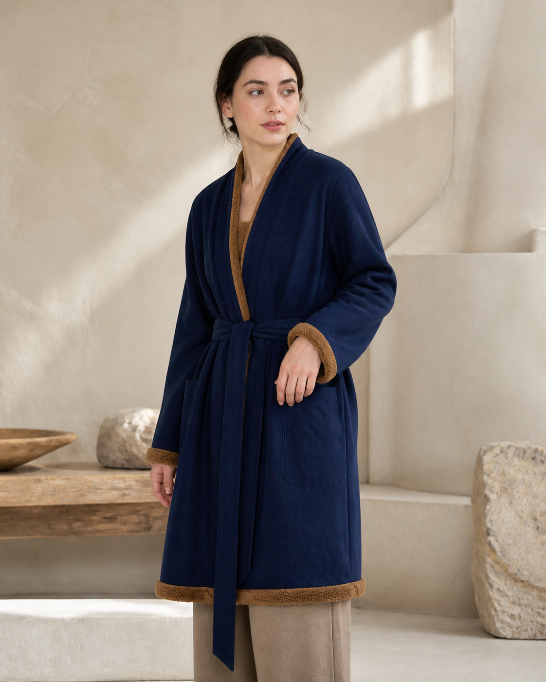Navy Robe Coat - Side View Standing