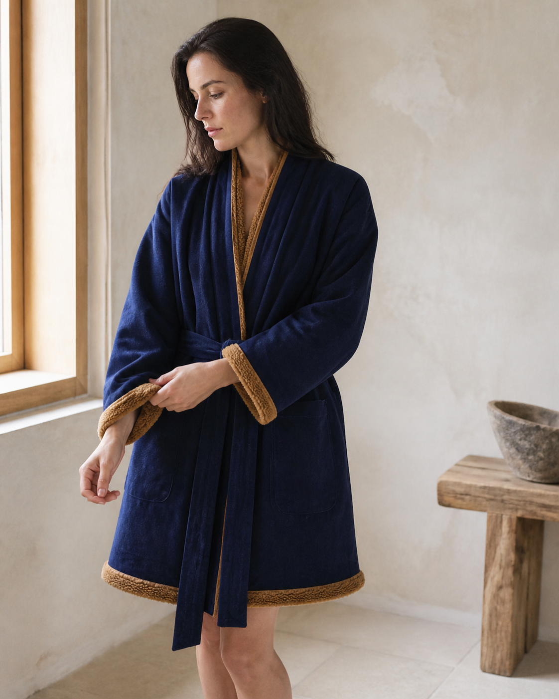 Navy Robe Coat - Lifestyle Window