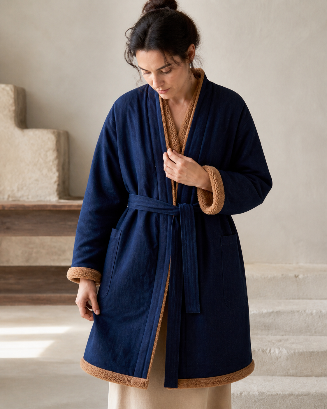 Navy Robe Coat - Lifestyle Detail