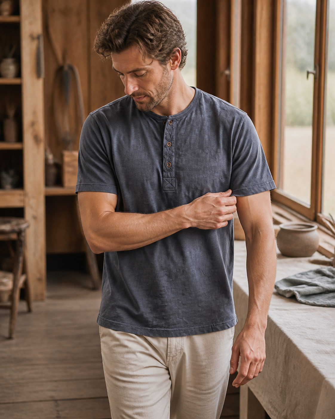 Henley Tee Charcoal Blue - Lifestyle Window