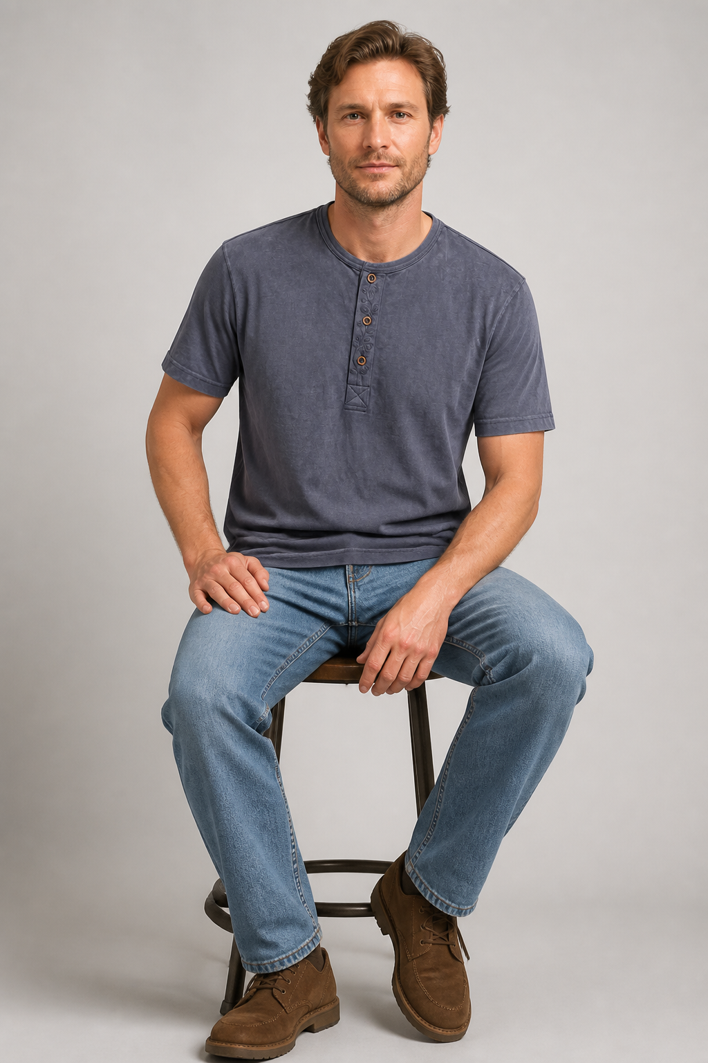 Henley Tee Charcoal Blue - Lifestyle Seated