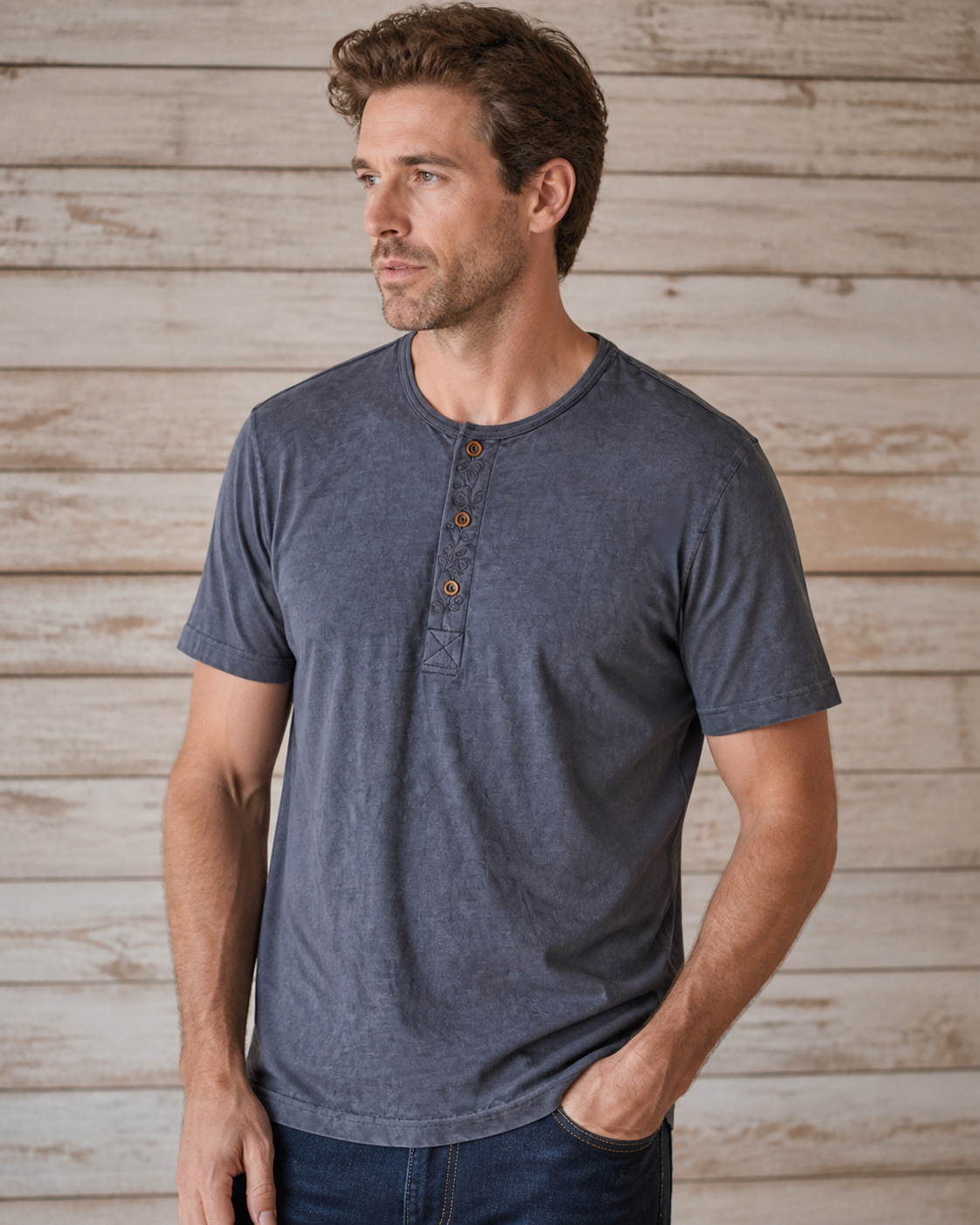 Henley Tee Charcoal Blue - Lifestyle Detail