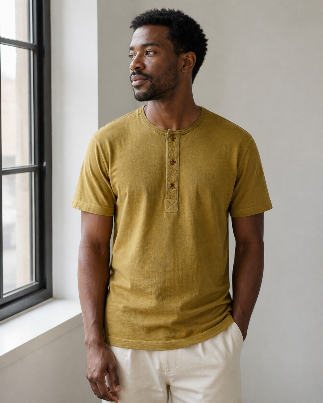 Henley Tee Mustard Olive - Lifestyle Window