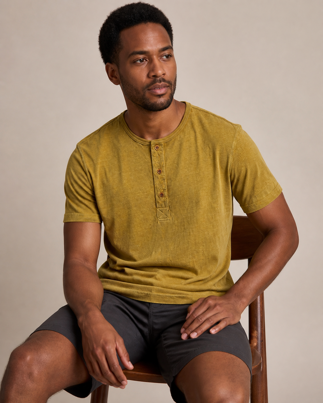 Henley Tee Mustard Olive - Lifestyle Seated